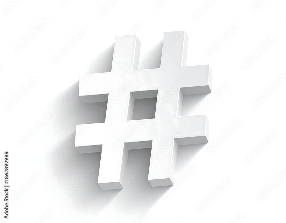 Fototapeta premium White Hashtag Symbol with Shadow on White Background.