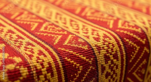 Close-up of red and yellow woven ethnic fabric with geometric patterns.