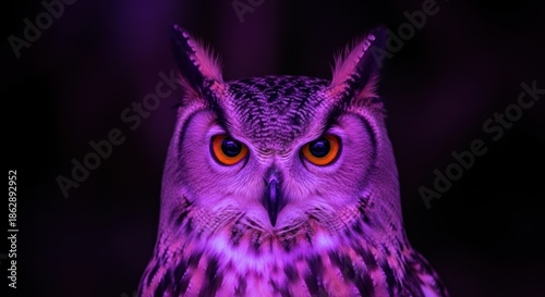 An owl with glowing orange eyes and purple lighting.