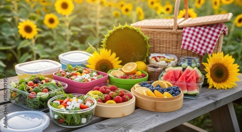 Healthy summer picnic with fresh fruit and salad in a sunflower field.