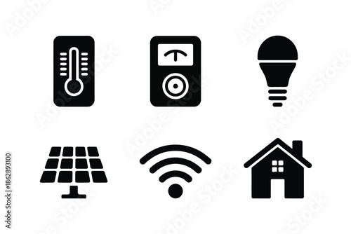 Smart home icons feature a thermometer, meter, lightbulb, and solar panel.