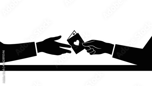 Two hands exchanging a heart shaped card across a table on white background