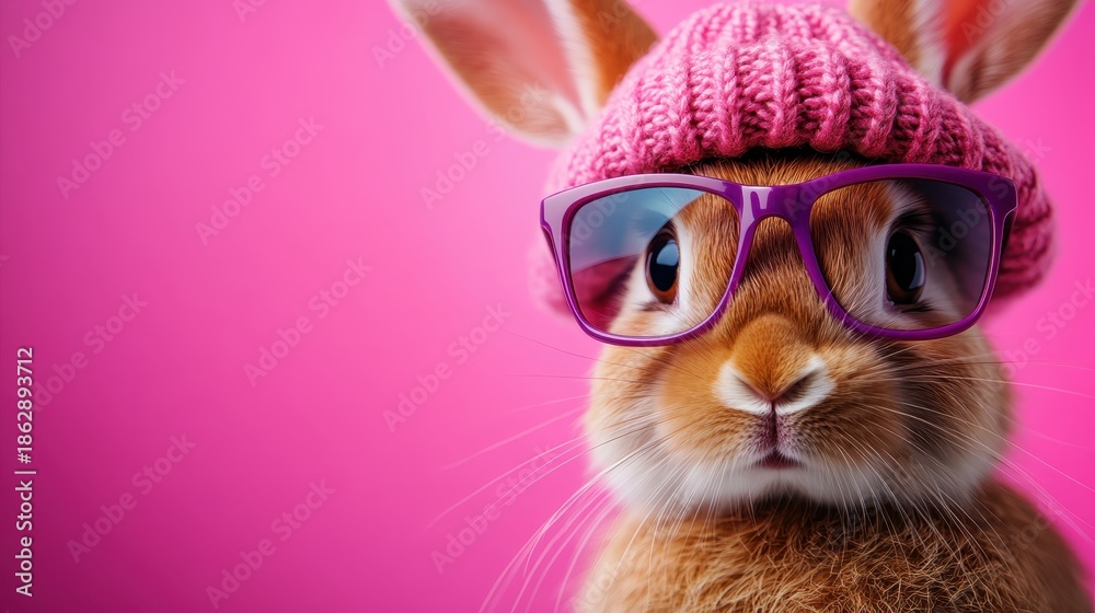 Obraz premium An adorable rabbit dressed in a pink hat and glasses, exuding charm and playfulness, making it a delightful image for animal lovers and whimsical art enthusiasts alike.