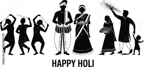 Happy Holi festival celebration, Indian family silhouettes dancing playing drums, traditional culture, folk music, colors, spring festival illustration, vector design