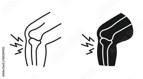 Knee joint pain icon set in outline and silhouette style for arthritis, injury, orthopedic treatment, and physiotherapy, vector illustration.