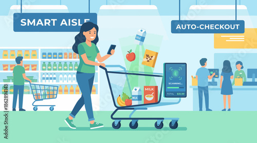 Smiling female shopper uses smartphone in smart grocery aisle with self-scanning cart and auto-checkout technology, concept for retail innovation, futuristic payment, and digital shopping experience