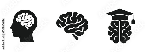 Brain and mental health icon set in outline and silhouette style, representing psychology, intelligence, neuroscience, and education, vector illustration.