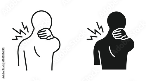 Neck and shoulder pain icon set in outline and silhouette style for muscle strain, therapy, and medical care, vector illustration.