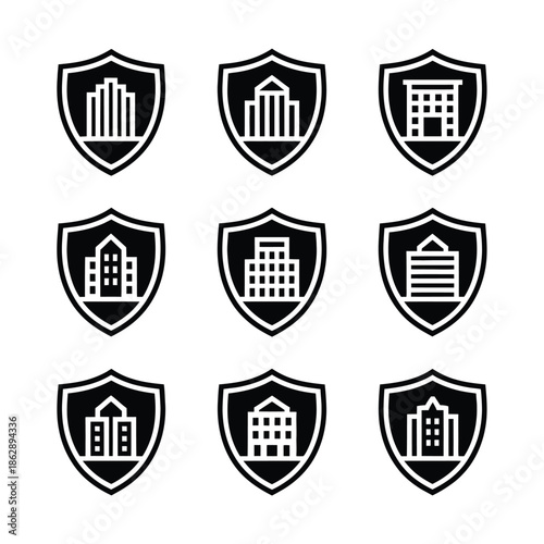 Nine distinct building security shields symbolize real estate.