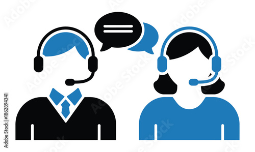 Customer service operators communicate actively using headsets and speech.