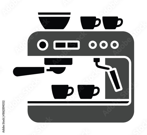 Professional espresso machine illustration features multiple cups ready.