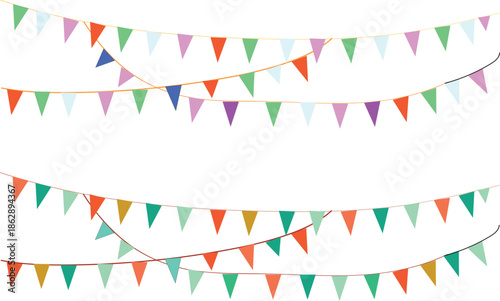 Colorful party bunting flags are strung across a clean white background creating a festive atmosphere