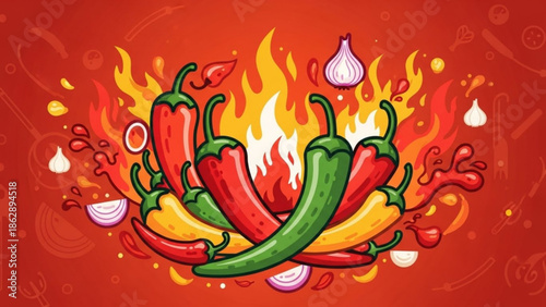 Spicy peppers and onions surrounded by flames on a fiery background, perfect for culinary or spicy food concepts with hot peppers and food illustration