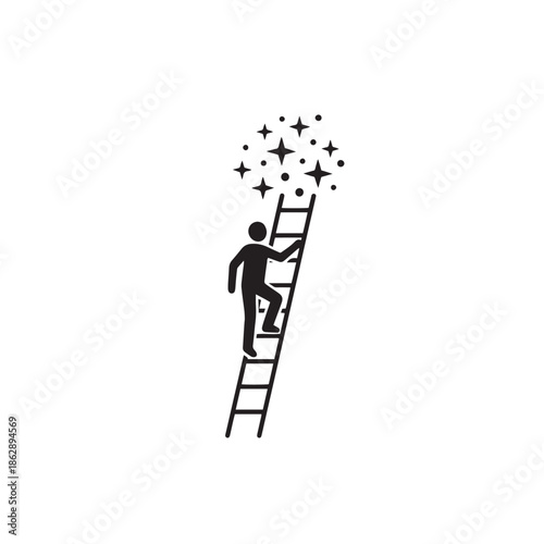 silhouette of person climbing ladder to stars white background