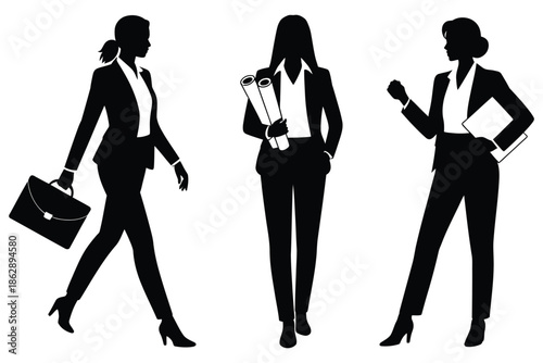 Businesswomen silhouettes show confidence while walking, holding.