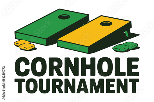 Cornhole tournament logo design features two brightly colored game boards.