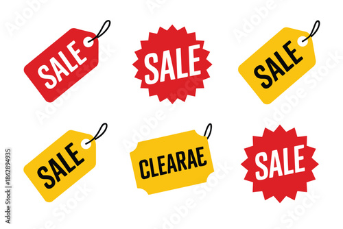 Assortment of colorful price tags and sale labels indicates retail.