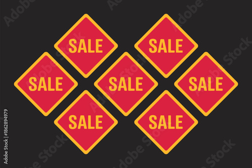 Seven red diamond-shaped sale tags are arranged geometrically on black.