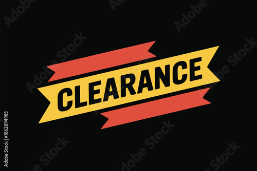 Bright clearance banner in yellow and red ribbons dominates the dark.