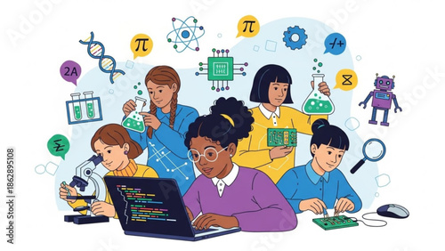 Diverse group of schoolgirls engaged in science technology engineering and mathematics education with various tools and symbols with STEM education