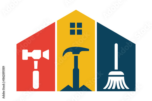 House cleaning and repair logo shows hammer, sledgehammer, and broom.