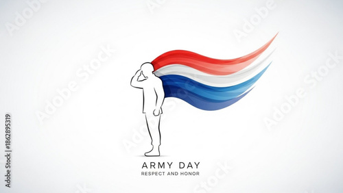 Army day respect and honor concept with soldier saluting and waving flag with patriotism and nationalism and military and pride and salute and red