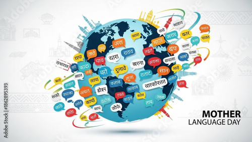 Mother language day, globe with colorful speech bubbles in multiple languages, celebrating linguistic diversity and cultural heritage on a white background