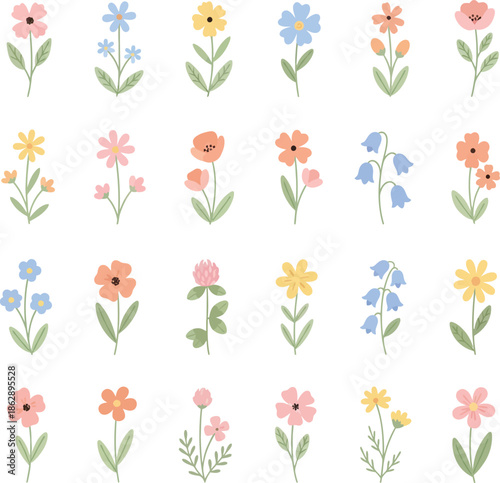 Collection of cute colorful flower elements vector, cute flower doodle and cartoon wildflower, floral plant branches, stems with blooming blossoms and leaf, colorful bouquet, foliage element