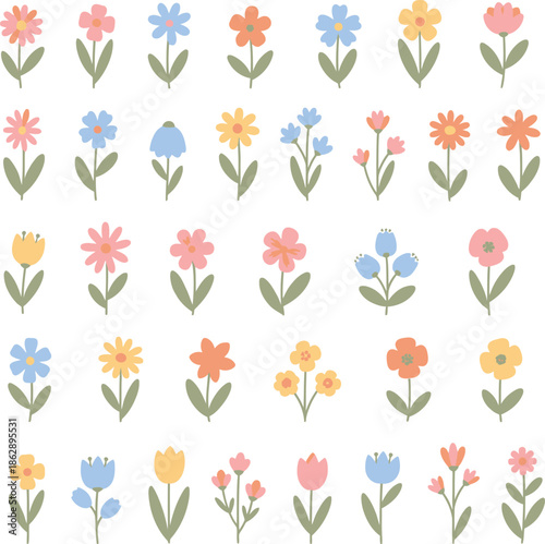 Collection of cute colorful flower elements vector, cute flower doodle and cartoon wildflower, floral plant branches, stems with blooming blossoms and leaf, colorful bouquet, foliage element