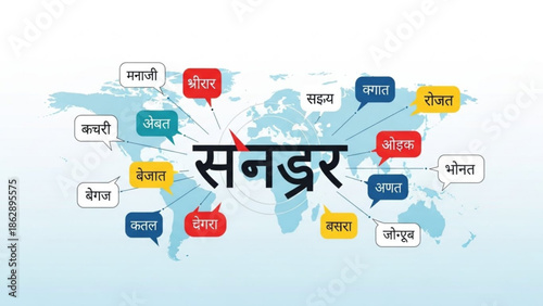 Global communication concept with speech bubbles in different languages on a world map background with multilingual and language diversity and international