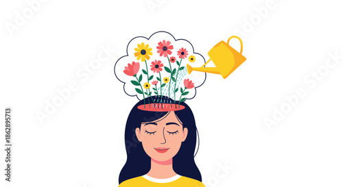 Watering can pouring water on colorful flowers blooming out of woman's head for mental growth and mindfulness.