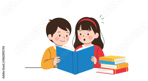 Two young children sitting together reading a blue book with curiosity and joy for early education and literacy.