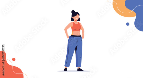 Happy young woman celebrates her weight loss success by wearing oversized blue jeans that no longer fit her transformed body shape.