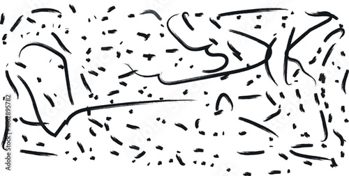 An abstract black and white drawing with expressive lines and dots on a white background