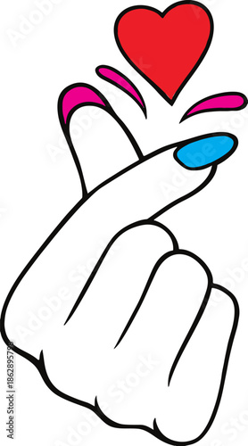 A white hand making a heart shape with pink and blue accents
