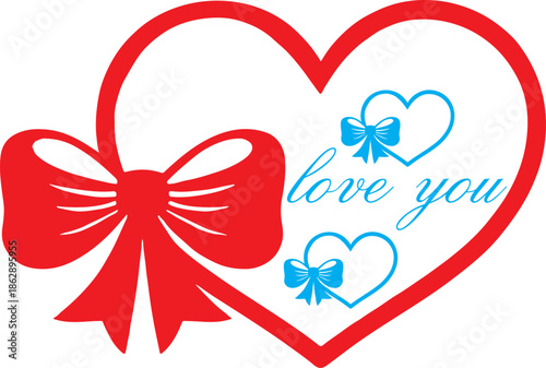 Red heart with bow and blue hearts displaying a loving message