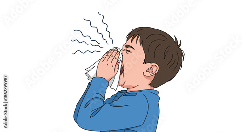 Young boy sneezes into a paper tissue to prevent the spread of germs, highlighting common cold symptoms and personal hygiene habits.