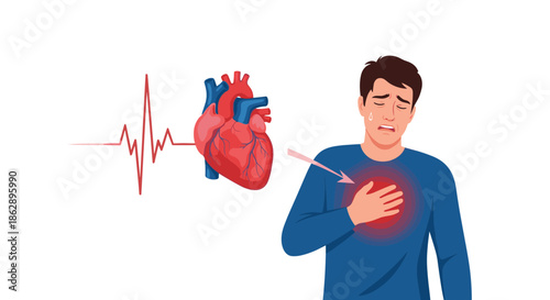 Man suffers from acute chest pain with an anatomical heart and electrocardiogram line showing the signs of a potential heart attack.