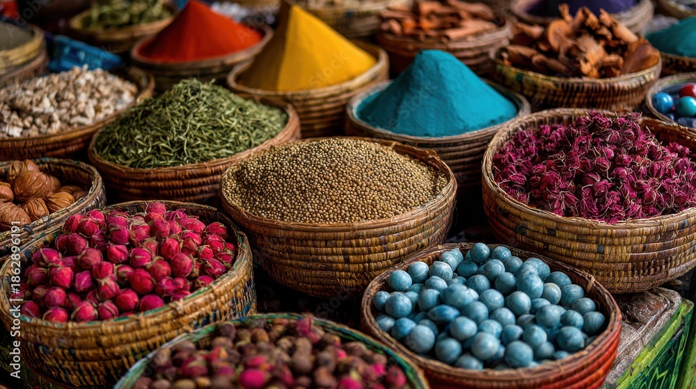 Fototapeta premium Colorful spices and dried herbs in woven baskets