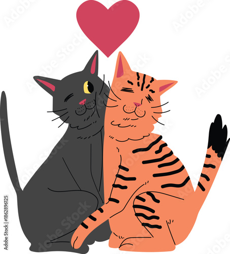 Cute two cats hugging under a red heart, expressing love, affection, companionship, cat valentine