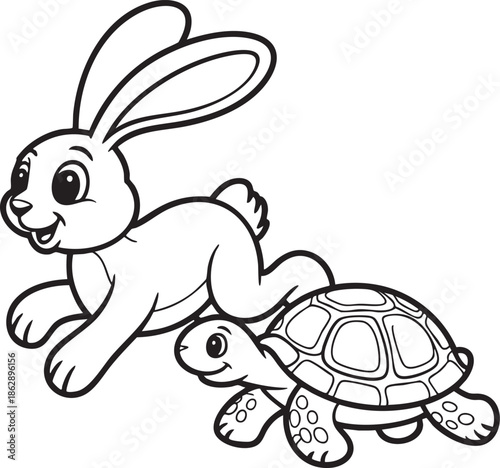 A cartoon illustration of a hare running ahead of a determined turtle