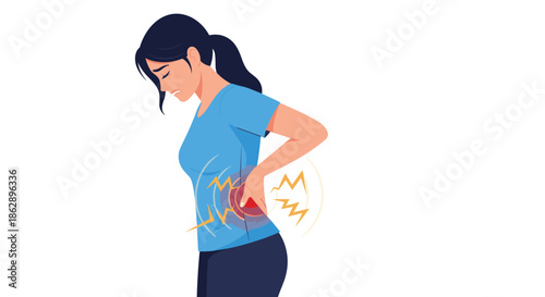 Woman clenches her lower back in severe pain, illustrating common symptoms of muscle strain, spinal issues, or sedentary lifestyle.