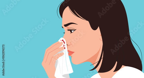 Concerned woman holds a white tissue to her nose to stop a nosebleed, illustrating common causes of nasal bleeding or epistaxis.