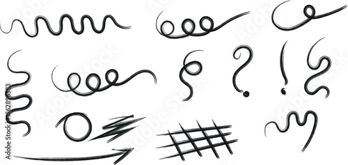 Collection of hand drawn squiggles and symbols on white background