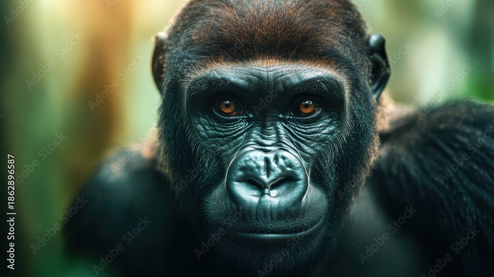 Obraz premium This stunning image captures the intense gaze of a gorilla, showcasing its expressive eyes and powerful presence in its lush, natural environment, emphasizing wildlife beauty.