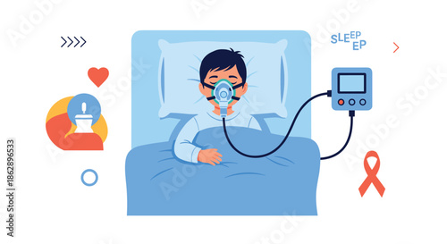Sick boy sleeping in bed while wearing medical oxygen mask connected to monitor for respiratory support and recovery.