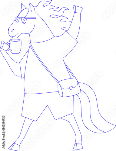 Horse Character with Coffee Mug Outline for Coloring