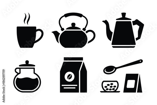 Beverage preparation icons illustrate various traditional tools for.