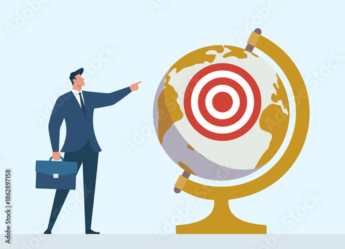 Global Business Strategy Targeting on World Globe with Bullseye Goal, Strategic Planning, Global Expansion, Goal Setting, Market Targeting, Business Leadership