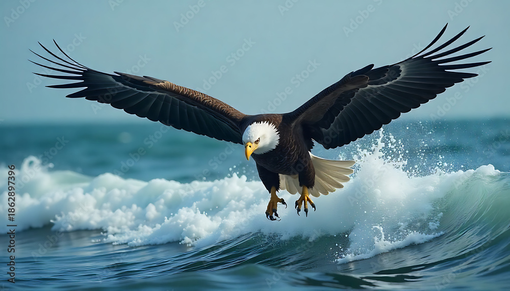 Fototapeta premium A bald eagle swooping low over crashing waves with a bright blue sky; 4K HD